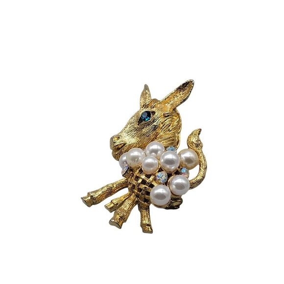 Donkey Brooch Faux Pearl & Aurora Borealis Rhinestone Gold Tone Setting - Picture 4 of 9